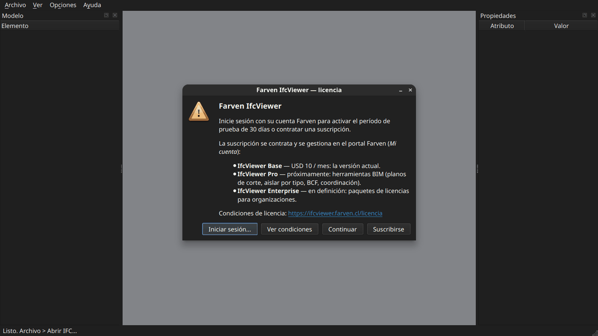 Farven IfcViewer: aviso de licencia al iniciar, carga de un modelo IFC y el modelo abierto con su árbol y panel de propiedades